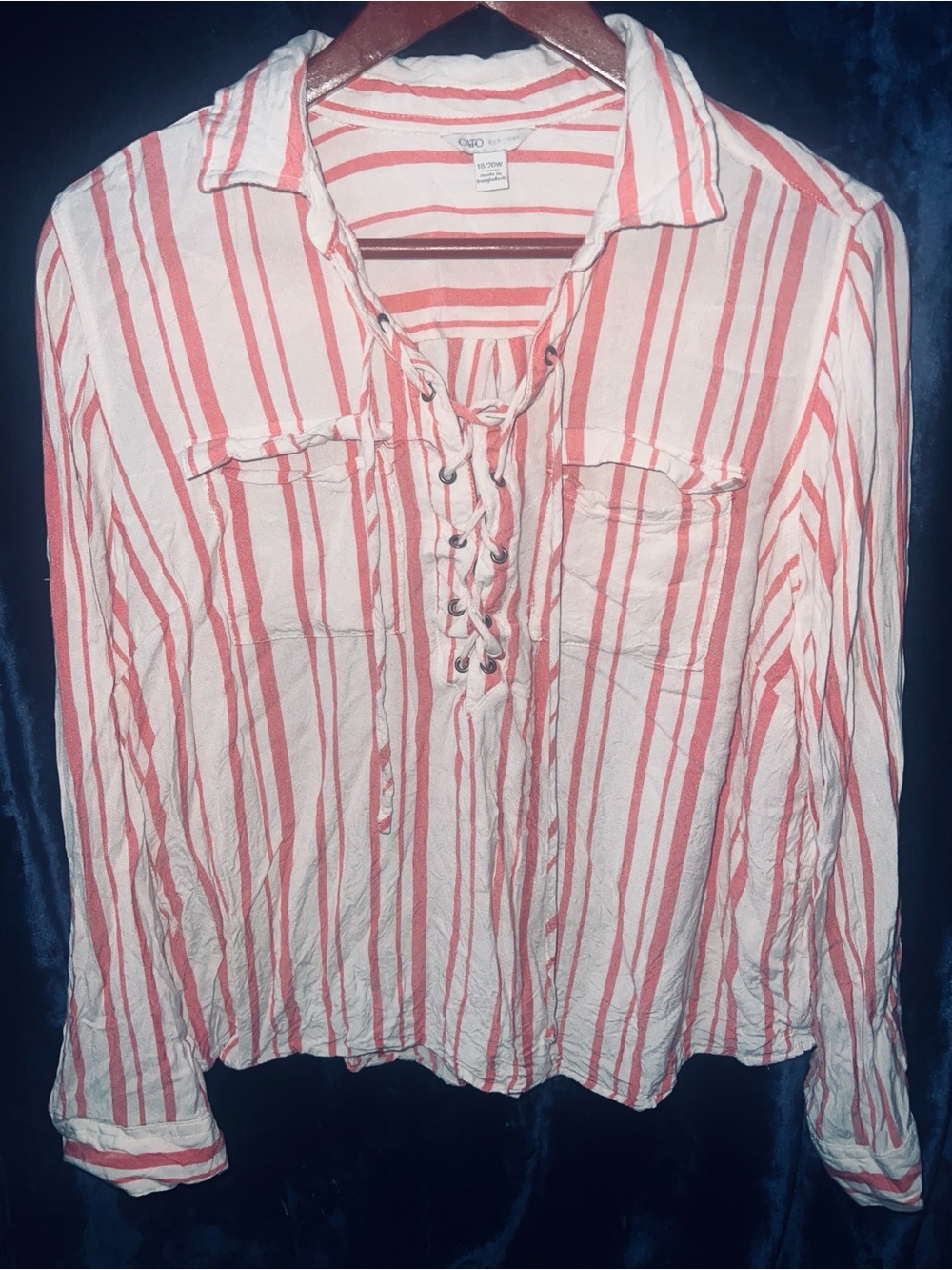 Cato White & Coral Striped Lace-Up Button Down Shirt